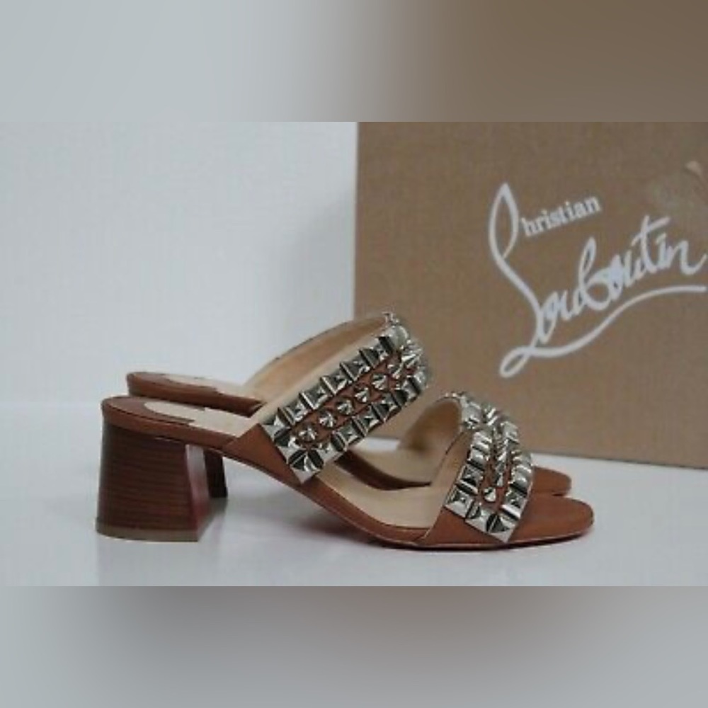 New Size 6.5 / 37 Christian Louboutin Tina Goes Mad Brown Studded Sandal Shoe